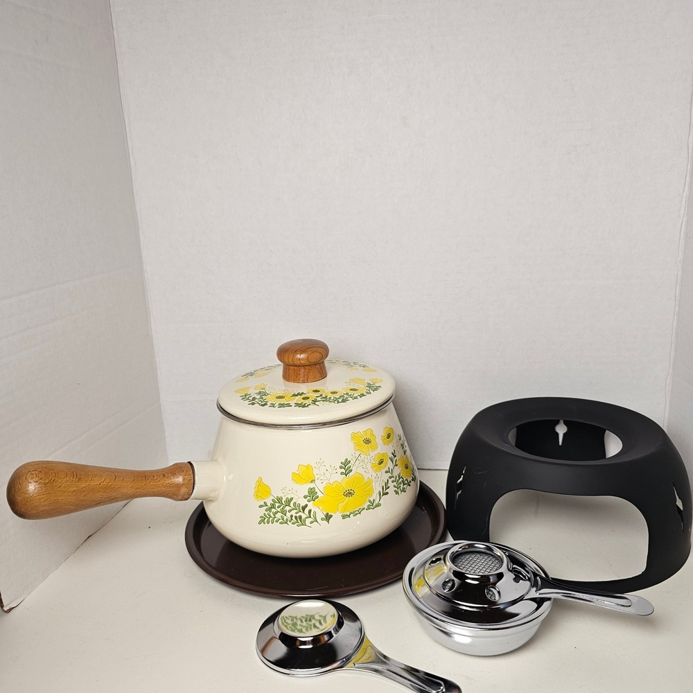MCM 1970s Enamel‎ Fondue Pot Cottagecore Yellow Floral Poppies Japan Analog - Picture 3 of 10